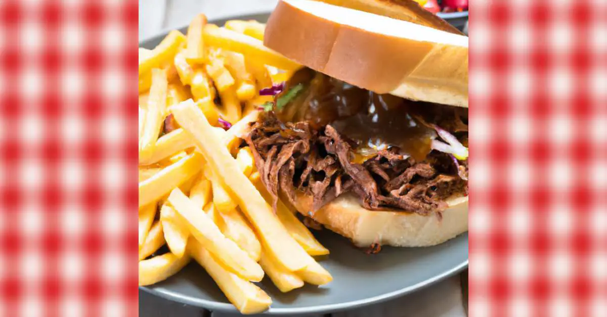 shredded bbq beef sandwich with french fries