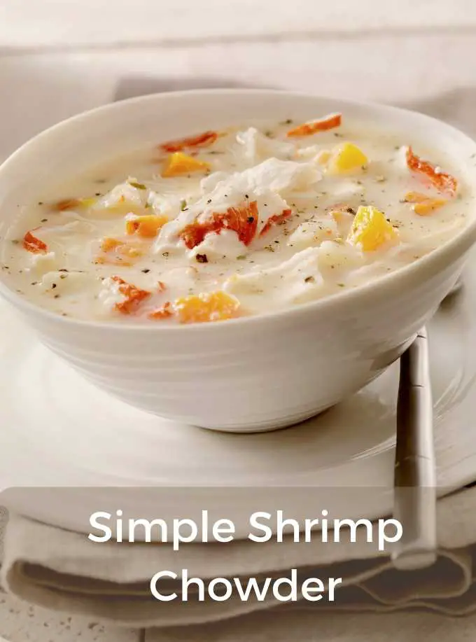 easy to make shrimp chowder recipe with potatoes, shrimp, bacon and cheese