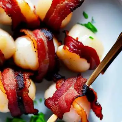 bacon wrapped scallops on a dish with tooth picks
